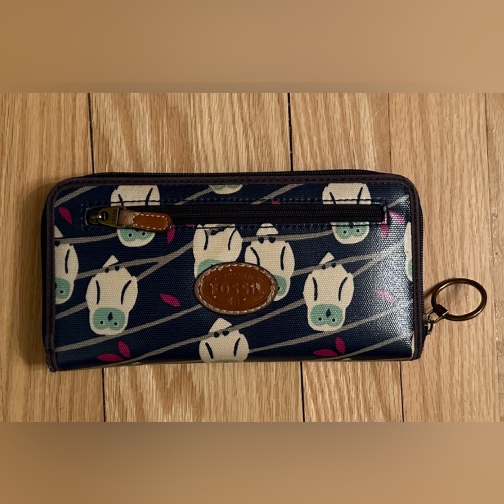 Fossil Coated Canvas Navy Blue Owl Print Zipper Wallet